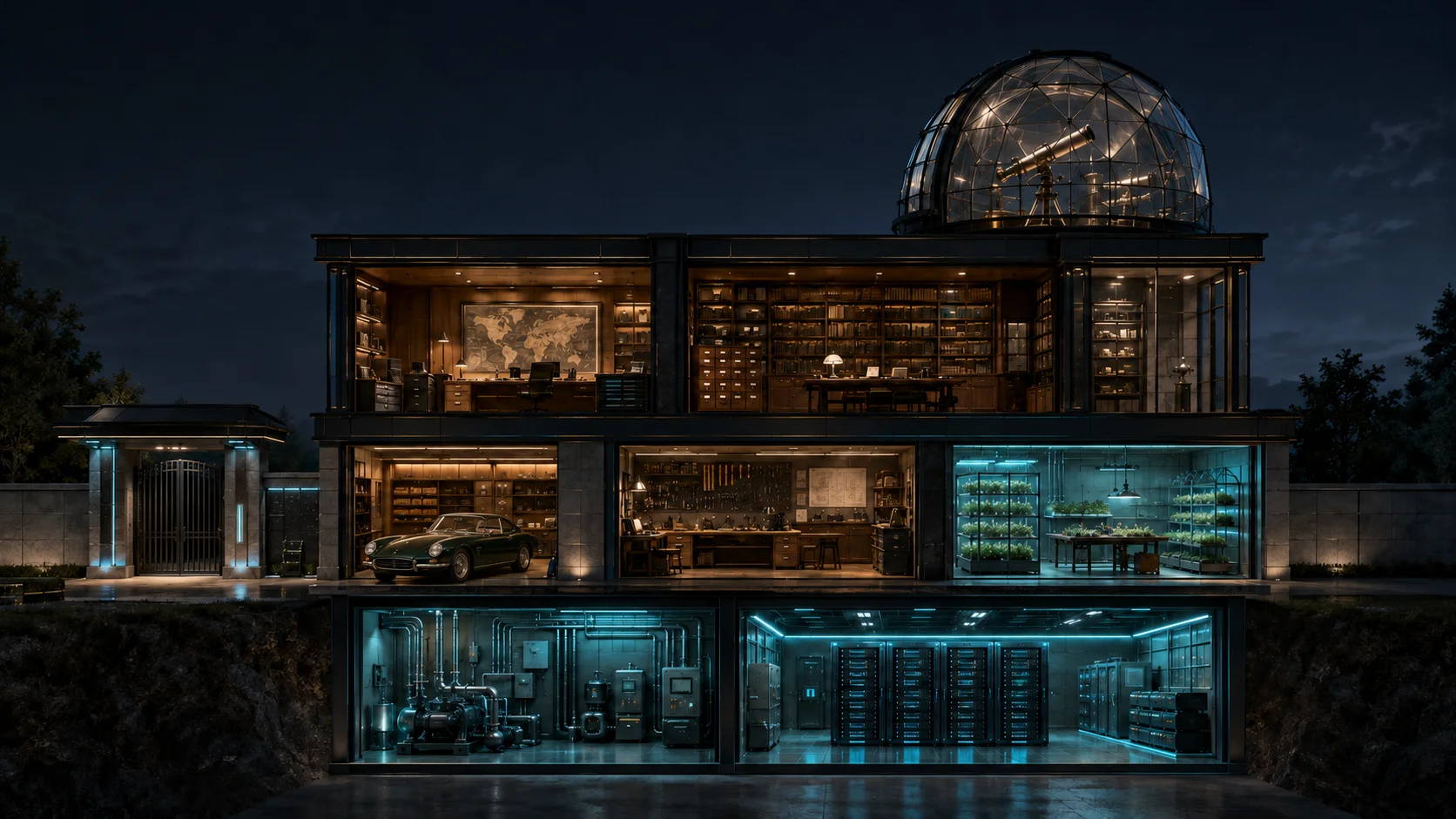 An original estate cutaway with an integrated Gate, classic grand-touring car in the ground-level Garage, separate Workshop and Nursery, Office, Library, Observatory, lower Utility Room, and Foundation